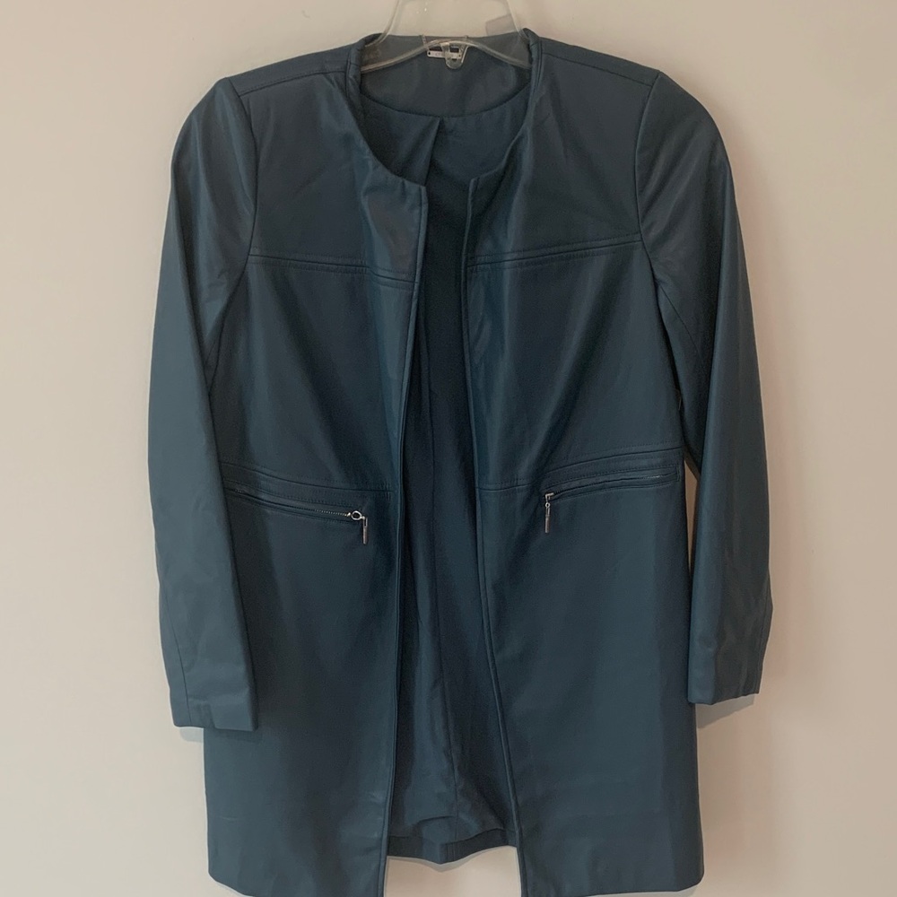 Chico's jacket coat vegan leather blue size 0 NWT  midi  Coat ( s/ med)